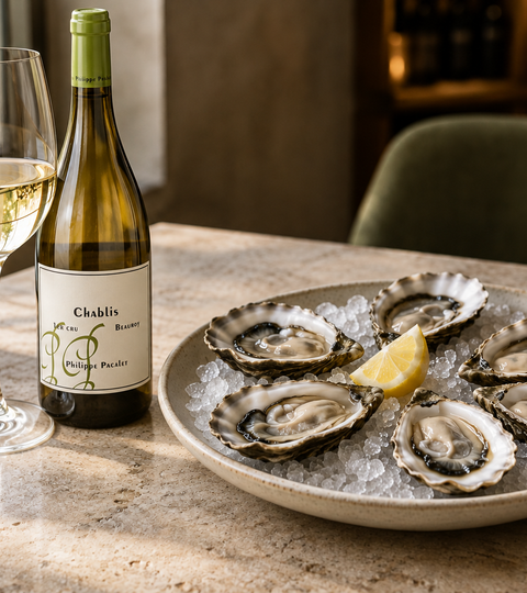 Philippe Pacalet Chablis 1er Cru Beauroy beside a glass of white wine and freshly shucked oysters.