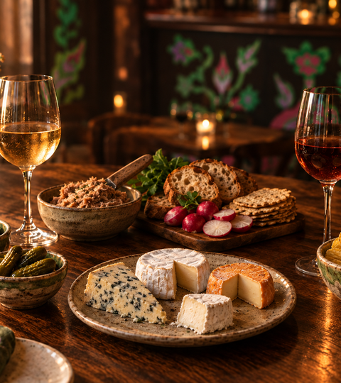 A SPÖN-inspired table with wine, blue cheese, camembert, washed-rind and goat's milk cheeses, potato chips, olives and bread.